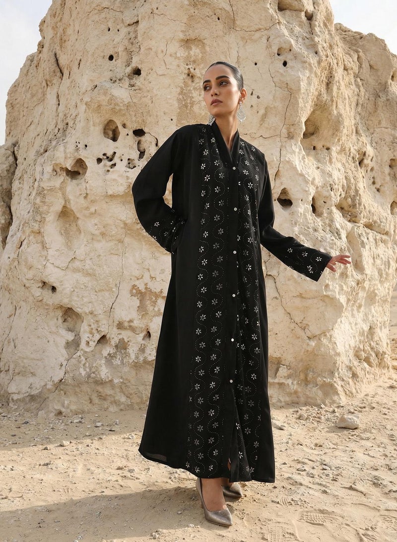 ISHIN Black Floral Laser Cut Abaya with Hijab - Image 4